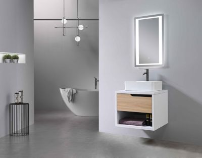 Meuble de salle de bain simple vasque 60cm bois et blanc avec miroir LED LB-8153-60 LuxuryBain-