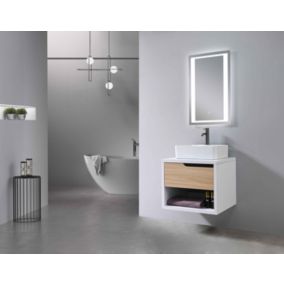 Meuble de salle de bain simple vasque 60cm bois et blanc avec miroir LED LB-8153-60 LuxuryBain-