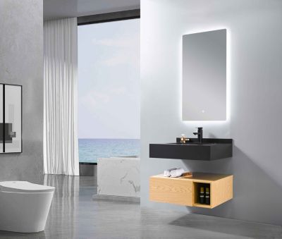 Meuble de salle de bain simple vasque 70cm noir et bois avec miroir LED à intensité variable LB-8470-70 LuxuryBain-