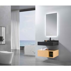 Meuble de salle de bain simple vasque 70cm noir et bois avec miroir LED à intensité variable LB-8470-70 LuxuryBain-