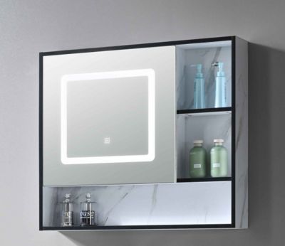 Meuble de salle de bain simple vasque 80cm blanc effet marbre avec miroir LED LB-6949 LuxuryBain-