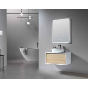 Meuble de salle de bain simple vasque 80cm blanc et bois avec miroir LED LB-5074 LuxuryBain-