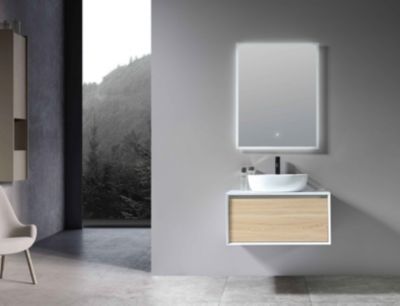 Meuble de salle de bain simple vasque 80cm blanc et bois avec miroir LED LB-5074 LuxuryBain-