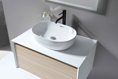 Meuble de salle de bain simple vasque 80cm blanc et bois avec miroir LED LB-5074 LuxuryBain-