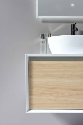 Meuble de salle de bain simple vasque 80cm blanc et bois avec miroir LED LB-5074 LuxuryBain-