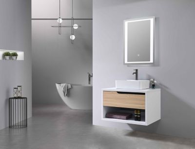 Meuble de salle de bain simple vasque 80cm bois et blanc avec miroir LED LB-8153-80 LuxuryBain-