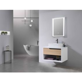 Meuble de salle de bain simple vasque 80cm bois et blanc avec miroir LED LB-8153-80 LuxuryBain-