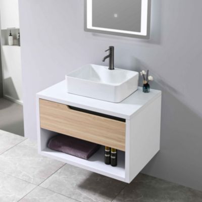 Meuble de salle de bain simple vasque 80cm bois et blanc avec miroir LED LB-8153-80 LuxuryBain-