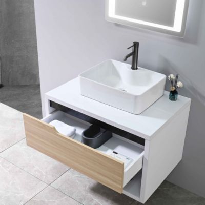 Meuble de salle de bain simple vasque 80cm bois et blanc avec miroir LED LB-8153-80 LuxuryBain-