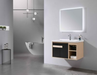 Meuble de salle de bain simple vasque 80cm bois et noir avec miroir LED LB-6969 LuxuryBain-