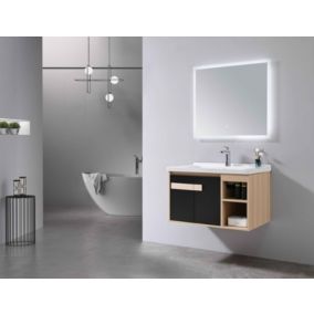 Meuble de salle de bain simple vasque 80cm bois et noir avec miroir LED LB-6969 LuxuryBain-