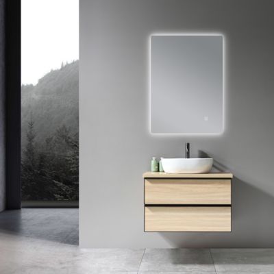 Meuble de salle de bain simple vasque 80cm chêne clair avec miroir LED LuxuryBain-