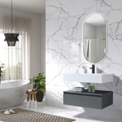 Meuble de salle de bain simple vasque 80cm en Corian blanc avec miroir LED