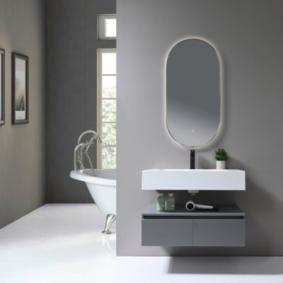 Meuble de salle de bain simple vasque 80cm en Corian blanc avec miroir LED