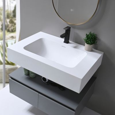 Meuble de salle de bain simple vasque 80cm en Corian blanc avec miroir LED