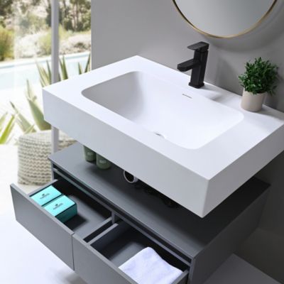 Meuble de salle de bain simple vasque 80cm en Corian blanc avec miroir LED