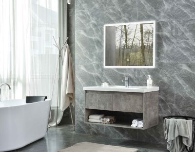 Meuble de salle de bain simple vasque 80cm gris béton avec miroir LED à intensité variable LB-8152-80 LuxuryBain-