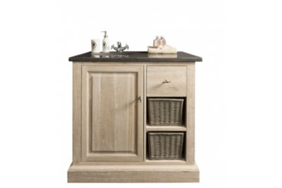 Meuble de salle de bain simple vasque chêne blanchi et pierre L90 - VÉRONE