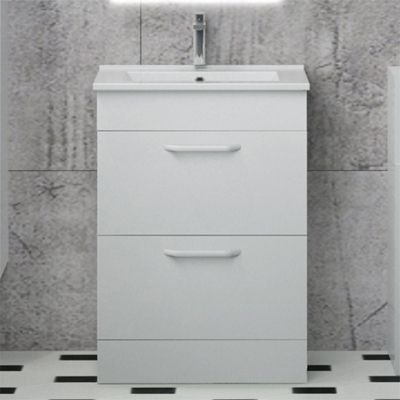 Meuble de salle de bain sur le sol, meuble blanc avec 2 tiroirs 60cm