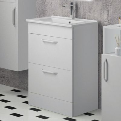Meuble de salle de bain sur le sol, meuble blanc avec 2 tiroirs 60cm