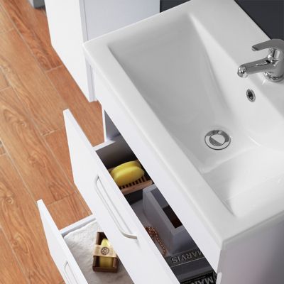 Meuble de salle de bain sur le sol, meuble blanc avec 2 tiroirs 60cm