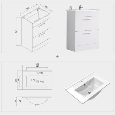 Meuble de salle de bain sur le sol, meuble blanc avec 2 tiroirs 60cm