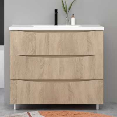 Meuble de salle de bain suspendu 100cm avec simple vasque + 3 tiroirs, Chêne, AICA SANITAIRE