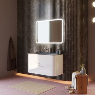 Meuble De Salle De Bain Suspendu 100Cm Avec Tiroirs Blanc Brillant Et Lavabo Noir - Hollywood