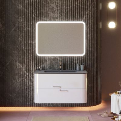 Meuble De Salle De Bain Suspendu 100Cm Avec Tiroirs Blanc Brillant Et Lavabo Noir - Hollywood