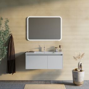 Meuble de salle de bain suspendu 100cm blanc mat miroir led 100x70 - monaco