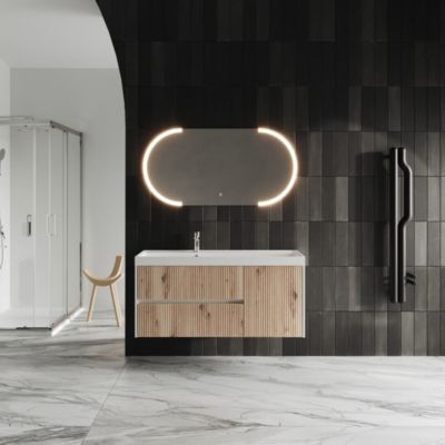 Meuble De Salle De Bain Suspendu 120 Cm Chêne Doré Canné, Miroir Ovale Led Tactile 120X60 Cortina