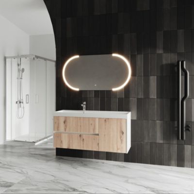 Meuble De Salle De Bain Suspendu 120 Cm Chêne Doré Canné, Miroir Ovale Led Tactile 120X60 Cortina
