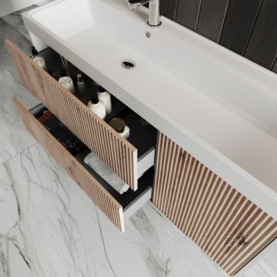Meuble De Salle De Bain Suspendu 120 Cm Chêne Doré Canné, Miroir Ovale Led Tactile 120X60 Cortina