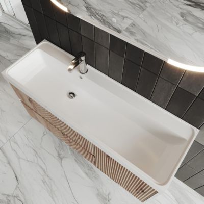 Meuble De Salle De Bain Suspendu 120 Cm Chêne Doré Canné, Miroir Ovale Led Tactile 120X60 Cortina