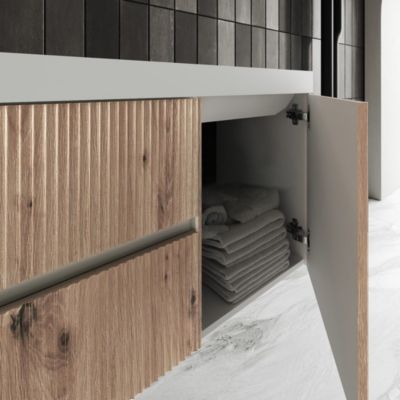 Meuble De Salle De Bain Suspendu 120 Cm Chêne Doré Canné, Miroir Ovale Led Tactile 120X60 Cortina
