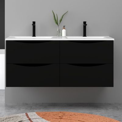 Meuble de salle de bain suspendu 120cm avec double vasque + 4 tiroirs, Noir, AICA SANITAIRE