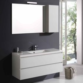 Meuble de salle de bain suspendu 120cm blanc forêt, 2 tiroirs, lavabo, miroir avec armoire murale - manhattan