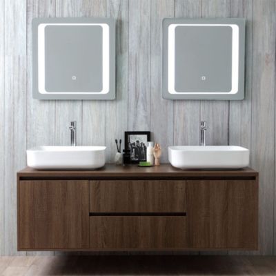Meuble De Salle De Bain Suspendu 150 Cm 2 Portes + 2 Tiroirs Noyer Avec 2 Lavabos À Poser - Sienne