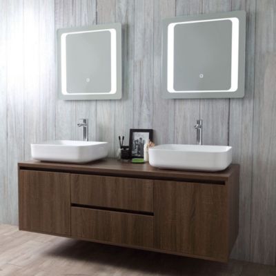 Meuble De Salle De Bain Suspendu 150 Cm 2 Portes + 2 Tiroirs Noyer Avec 2 Lavabos À Poser - Sienne