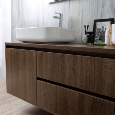 Meuble De Salle De Bain Suspendu 150 Cm 2 Portes + 2 Tiroirs Noyer Avec 2 Lavabos À Poser - Sienne