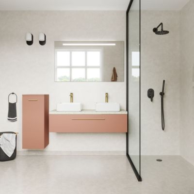 Meuble de salle de bain suspendu 2 vasques à poser 120cm 1 tiroir Abricot + miroir - Glasgow