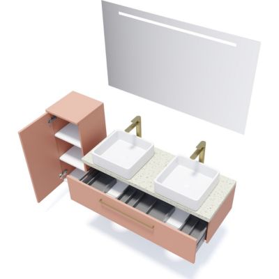 Meuble de salle de bain suspendu 2 vasques à poser 120cm 1 tiroir Abricot + miroir - Glasgow
