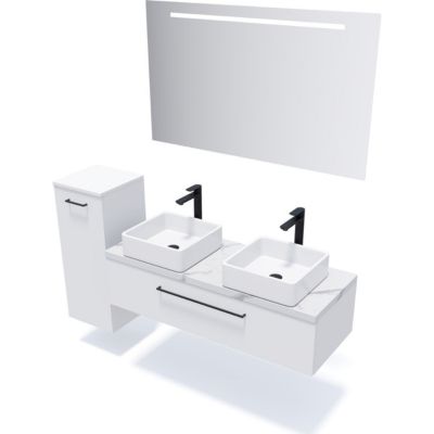 Meuble de salle de bain suspendu 2 vasques à poser 120cm 1 tiroir Blanc - Glasgow