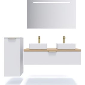 Meuble de salle de bain suspendu 2 vasques à poser 120cm 1 tiroir Blanc + miroir + colonne ouverture gauche - Venice