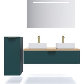 Meuble de salle de bain suspendu 2 vasques à poser 120cm 1 tiroir Bleu + miroir + colonne ouverture gauche - Venice