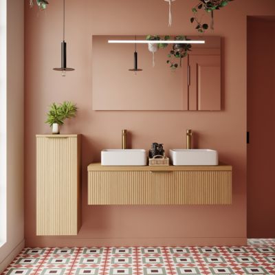 Meuble de salle de bain suspendu 2 vasques à poser 120cm 1 tiroir Chêne cannelé + miroir + colonne ouverture gauche - Venice