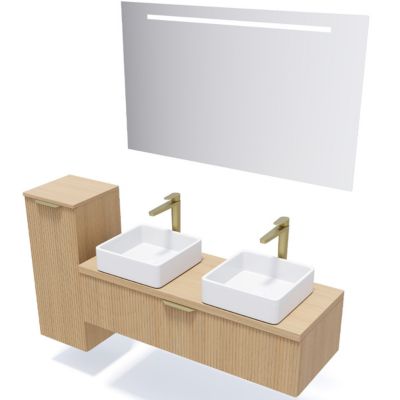 Meuble de salle de bain suspendu 2 vasques à poser 120cm 1 tiroir Chêne cannelé + miroir + colonne ouverture gauche - Venice
