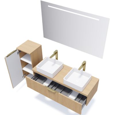 Meuble de salle de bain suspendu 2 vasques à poser 120cm 1 tiroir Chêne cannelé + miroir + colonne ouverture gauche - Venice
