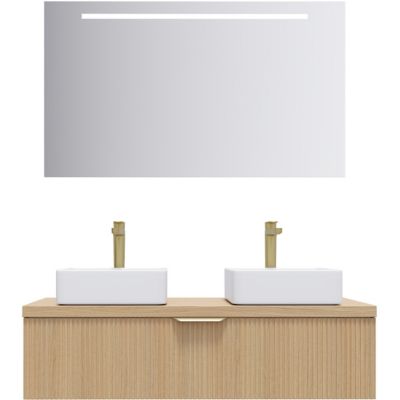 Meuble de salle de bain suspendu 2 vasques à poser 120cm 1 tiroir Chêne cannelé + miroir - Venice