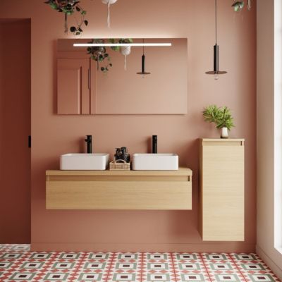 Meuble de salle de bain suspendu 2 vasques à poser 120cm 1 tiroir Chêne clair + miroir + colonne ouverture droite - Hudson